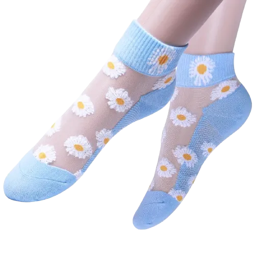 5 Pairs Women Colourful Embroidered Crew Silk Thin Cotton Socks