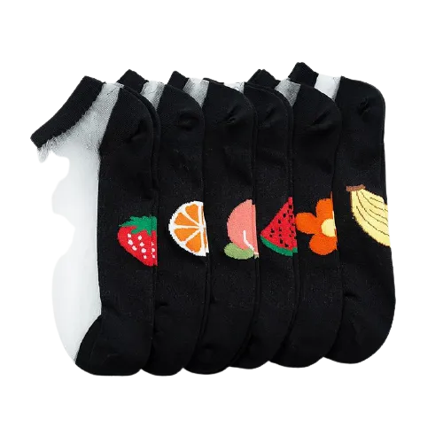 5 Pairs Women Colourful Embroidered Crew Silk Thin Cotton Socks