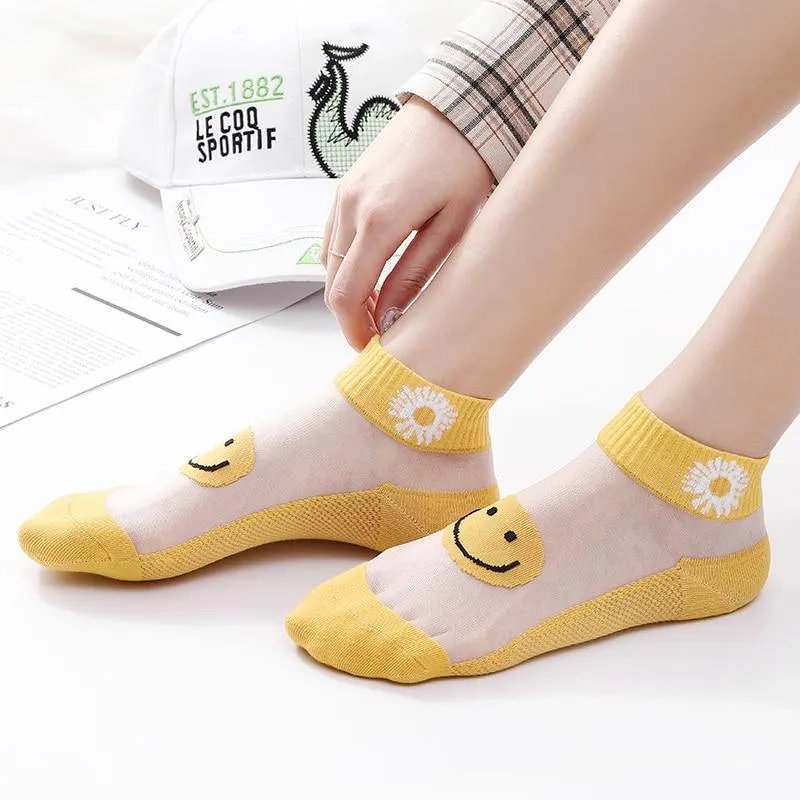 5 Pairs Women Colourful Embroidered Crew Silk Thin Cotton Socks