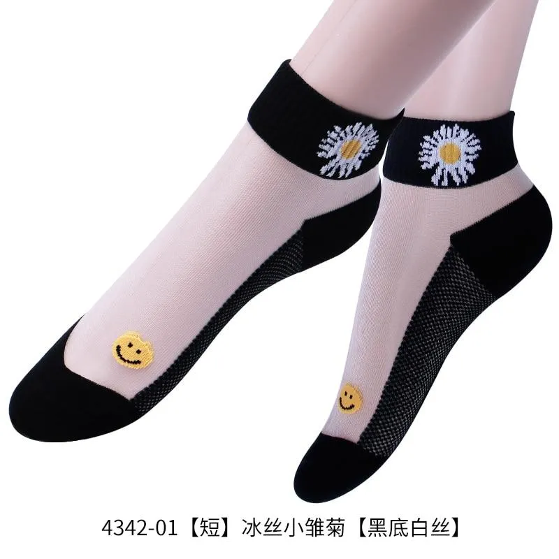 5 Pairs Women Colourful Embroidered Crew Silk Thin Cotton Socks