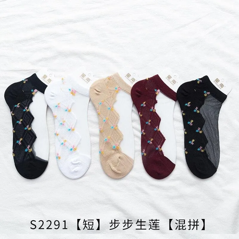 5 Pairs Women Colourful Embroidered Crew Silk Thin Cotton Socks