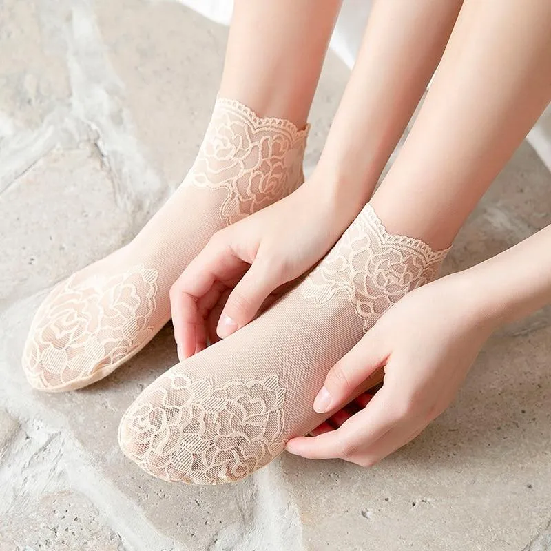 5 Pairs Women Colourful Embroidered Crew Silk Thin Cotton Socks