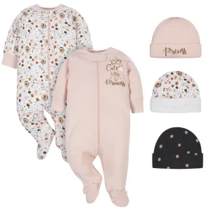 5-Piece Baby Girls Princess Sleep 'N Plays and Caps Set