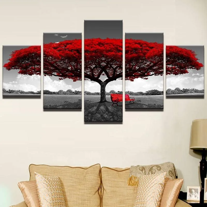 5 Piece Red Tree Painting Wall Art