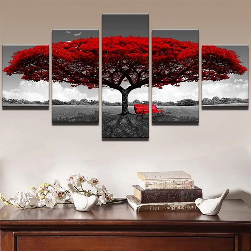 5 Piece Red Tree Painting Wall Art