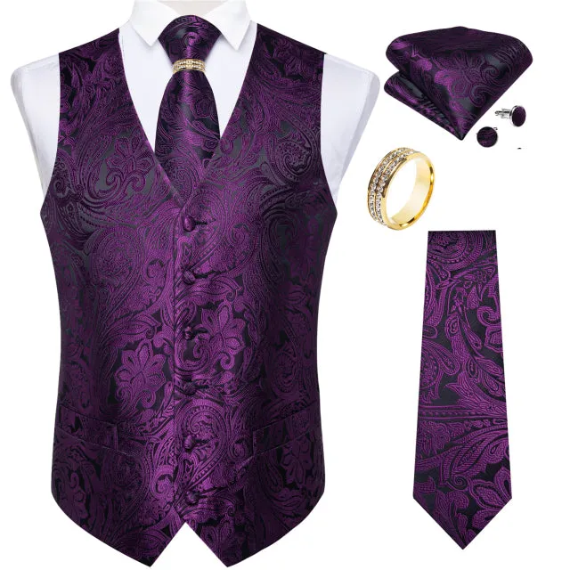 5 Piece Vests Slim Fit Mens Wedding Suit Casual Sleeveless Formal Business Waistcoat Hanky Necktie Bow Tie Set