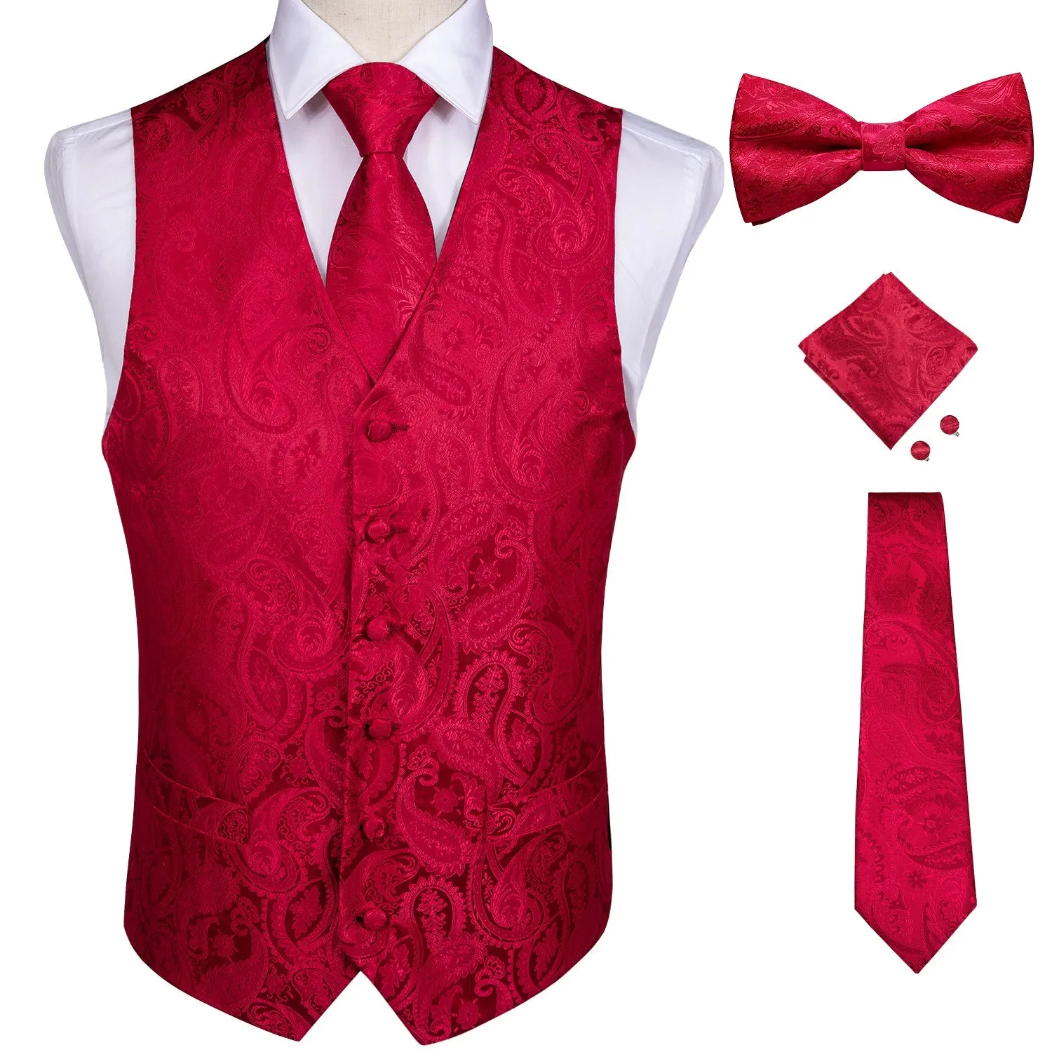 5 Piece Vests Slim Fit Mens Wedding Suit Casual Sleeveless Formal Business Waistcoat Hanky Necktie Bow Tie Set