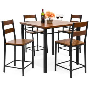 5-Piece Wood Finish Counter Height Table Dining Set w/ 4 Chairs, Metal Frame