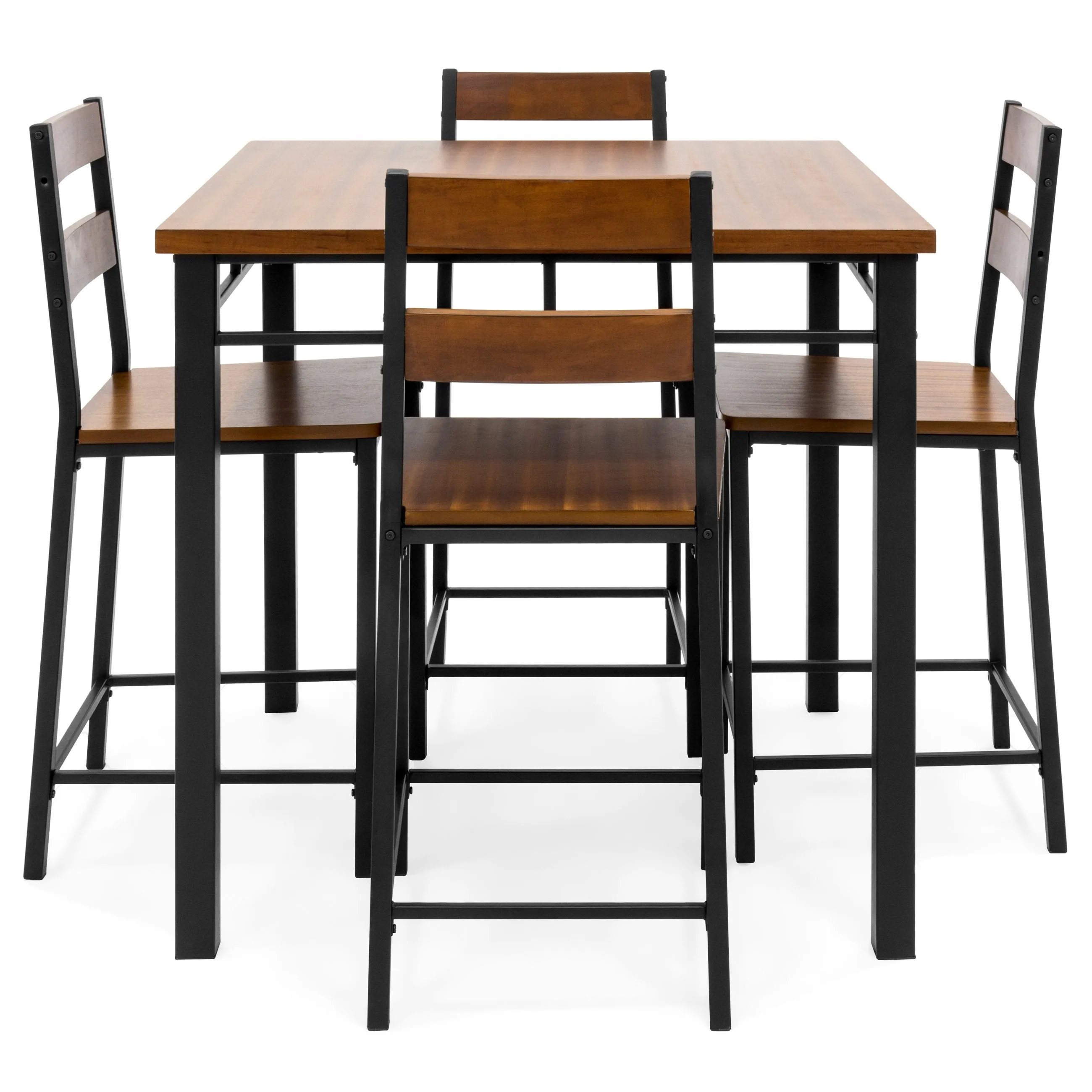 5-Piece Wood Finish Counter Height Table Dining Set w/ 4 Chairs, Metal Frame