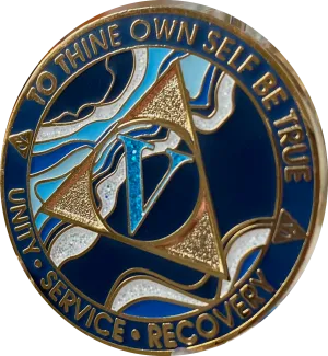 5 Year AA Medallion Elegant Navy Blue Marble Gold Sobriety Chip