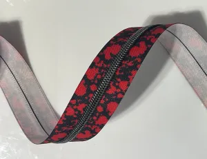 #5 Zipper Tape - 3 yard cut - Red Splatter w/ Gunmetal Teeth