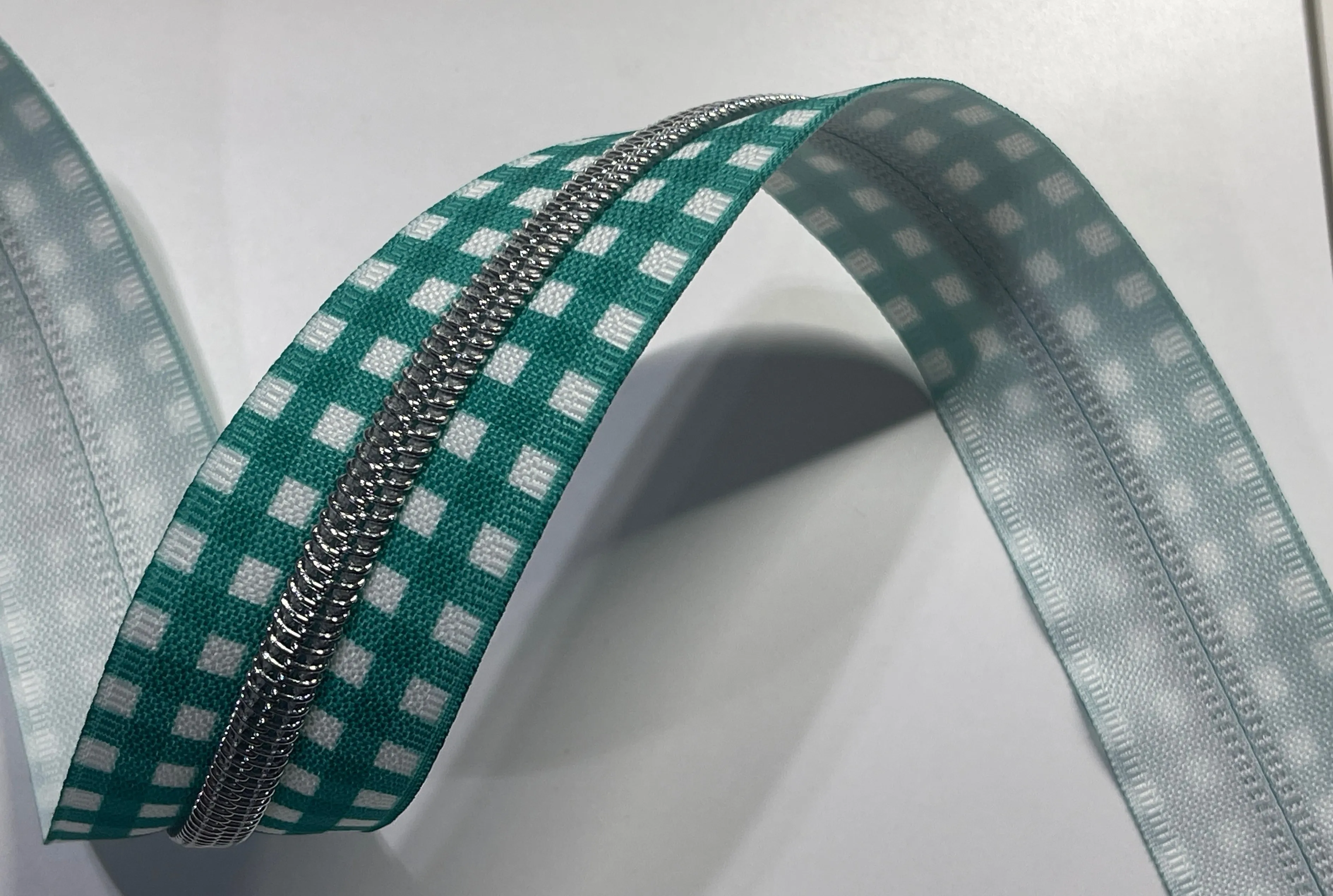 #5 Zipper Tape - 3 yard cut - Teal Plaid w/ Nickel Teeth