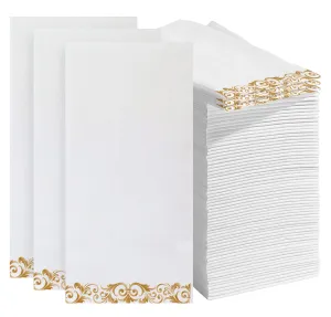 50 Linen Feel Disposable Bathroom Napkins (White/Gold), Guest Towels Disposable