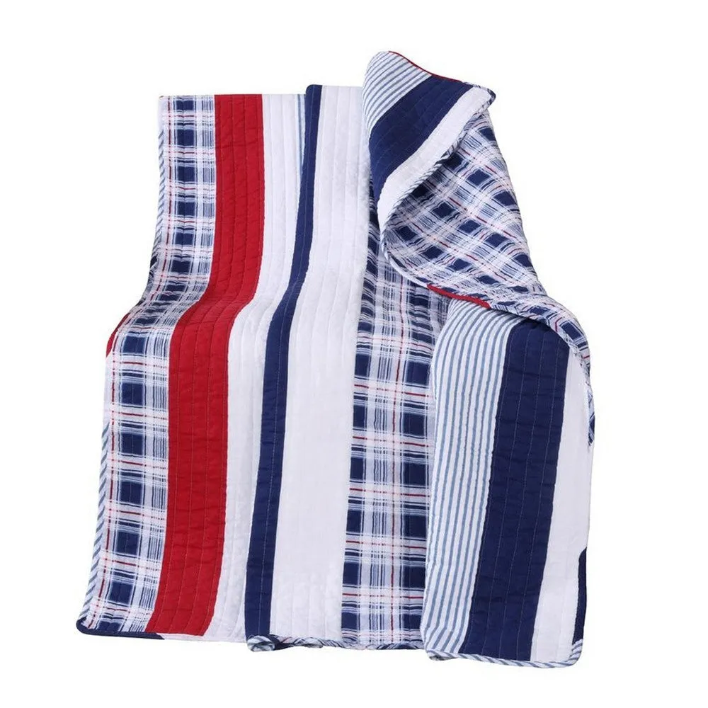 50 x 60 Quilted Throw Blanket, Cotton Fill, Solid, Plaid Stripes, Red, Blue By Casagear Home