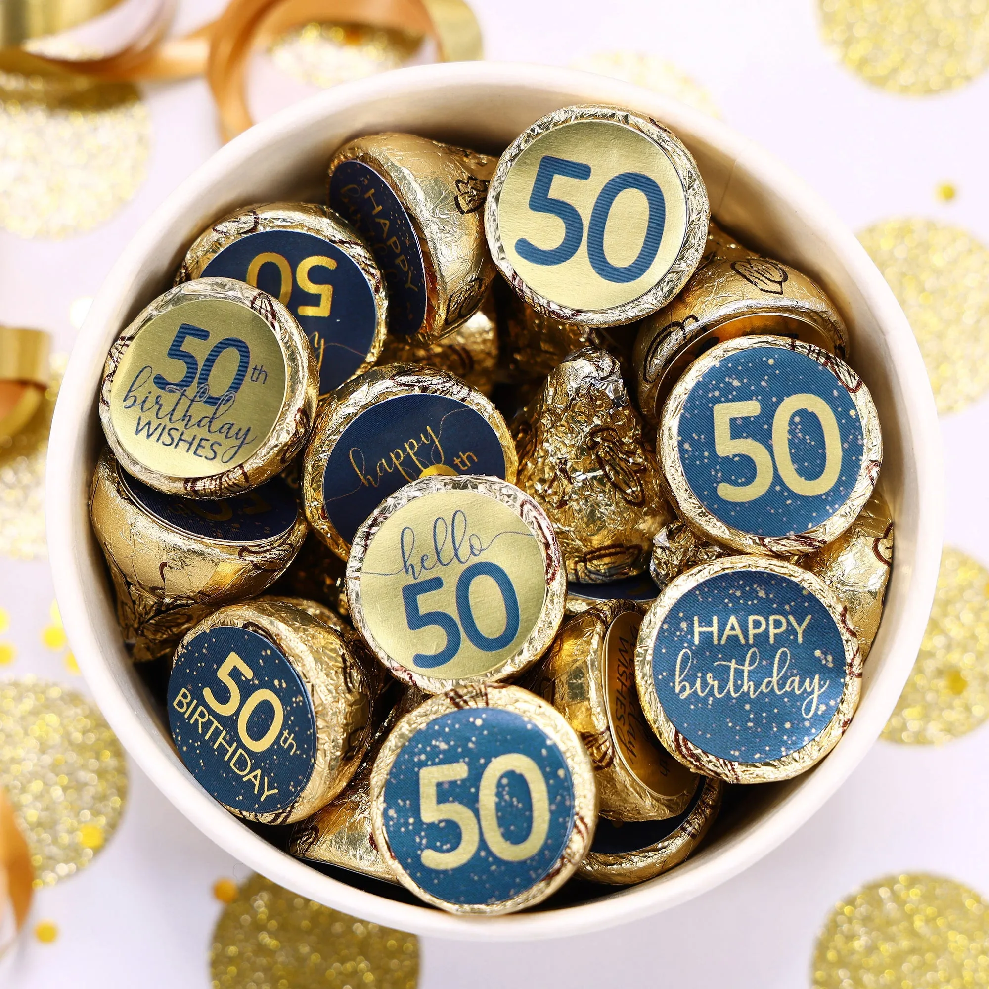 50th Birthday: Navy Blue & Gold - Adult Birthday - Stickers - Fits Hershey's Kisses Candy