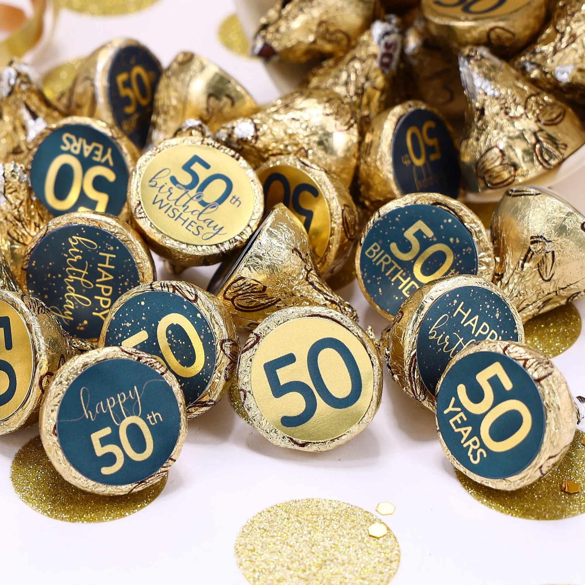 50th Birthday: Navy Blue & Gold - Adult Birthday - Stickers - Fits Hershey's Kisses Candy