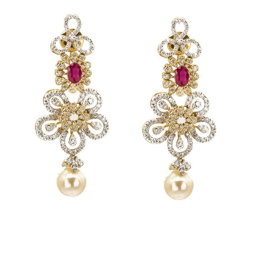 5.8CT Diamond Asymmetric Necklace and Earrings Set In 18K Yellow Gold W/ Pearl & Ruby Accent