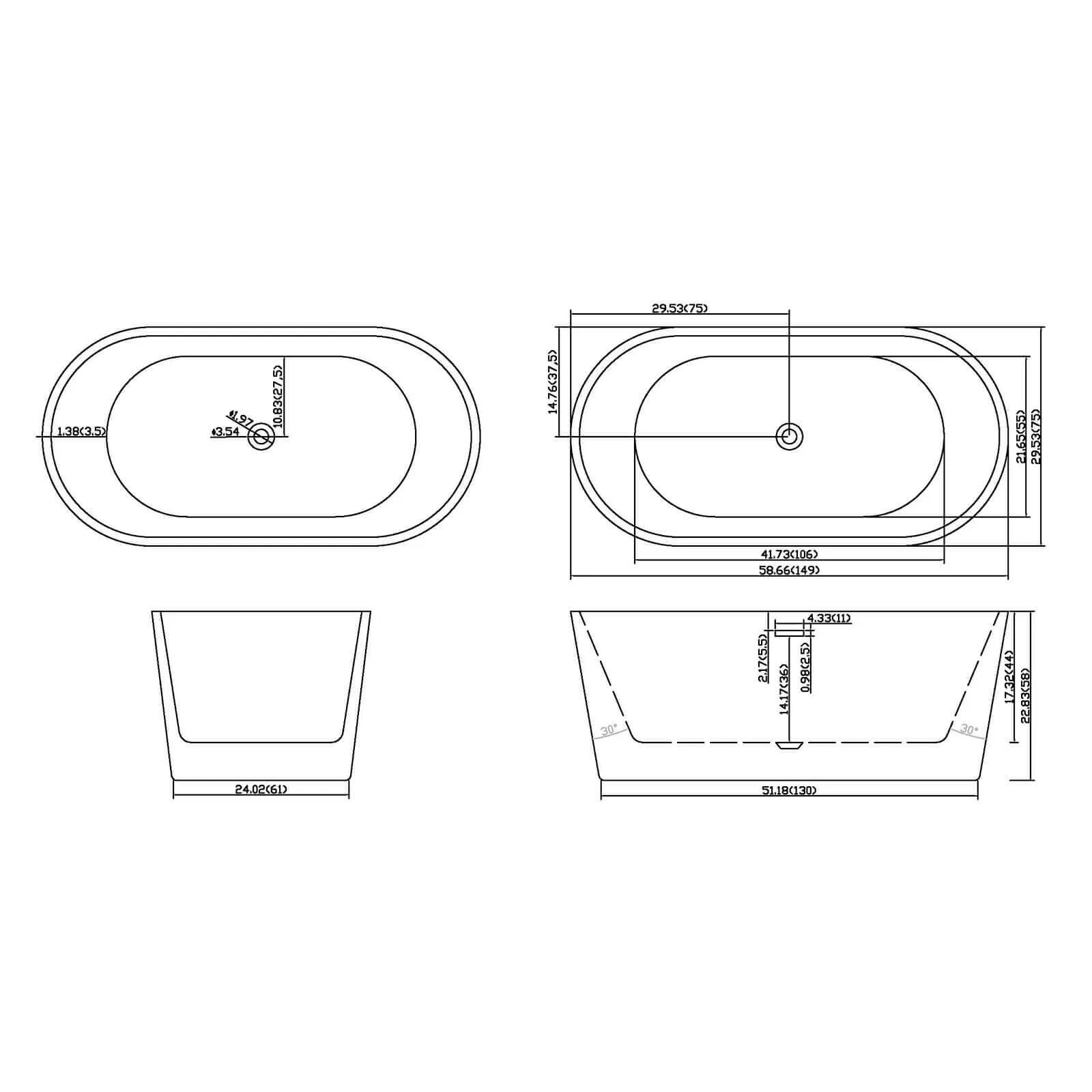 59" Non-Porous Acrylic Bathtub