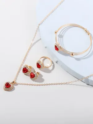 5pcs Rhinestone Red Heart Decor Jewelry Set for Women Party Jewelry