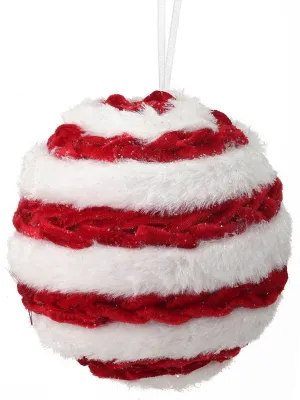 5" Velvet and Fur Striped Ball Ornament: Red/White