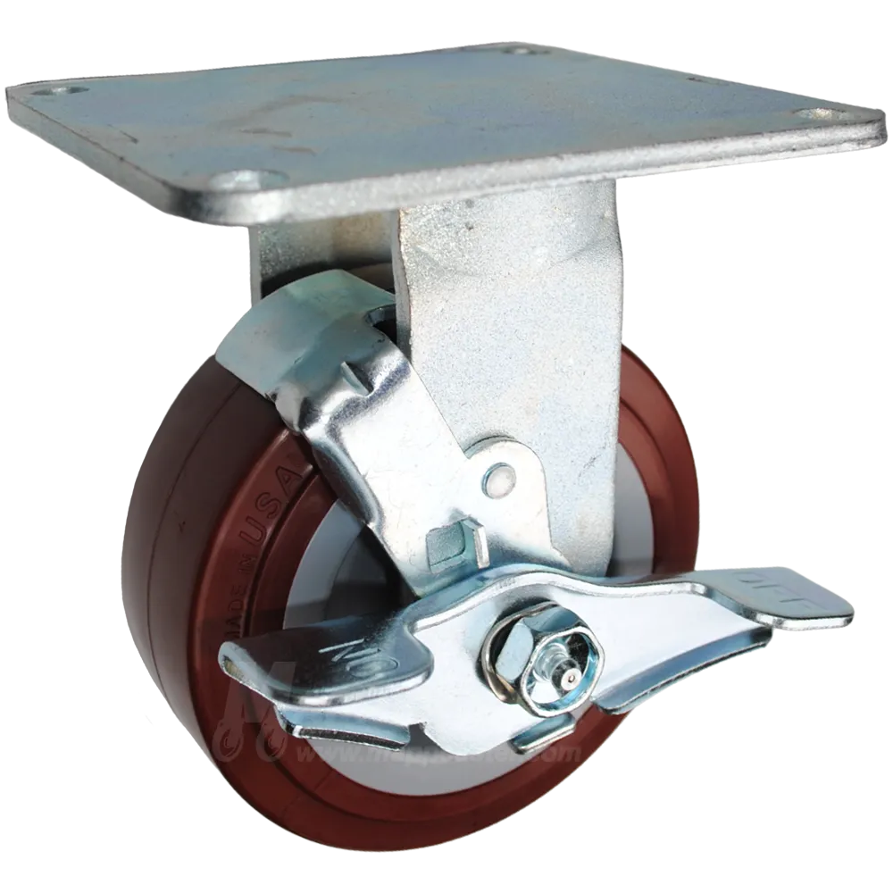 5" x 2" Polyurethane on Polyolefin Wheel Rigid Brake Caster with 5" x 5-1/2" Top Plate - 750 Lbs Capacity