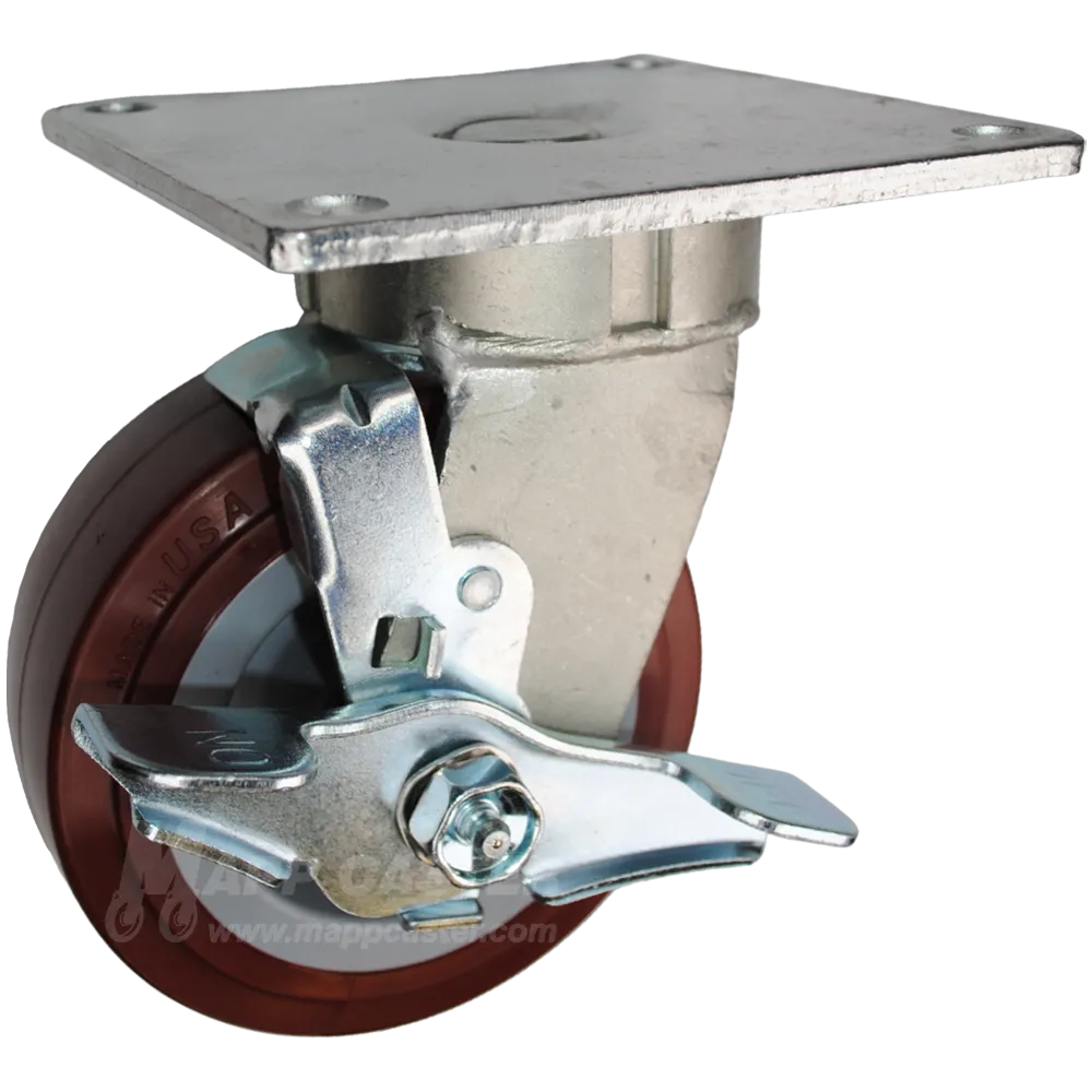 5" x 2" Polyurethane on Polyolefin Wheel Swivel Brake Caster with 5" x 5-1/2" Top Plate - 750 Lbs Capacity