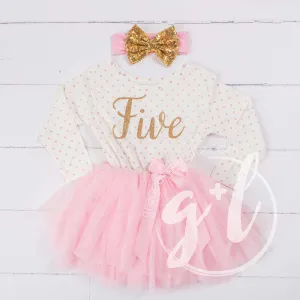 5th Birthday Outfit Gold Script "FIVE" Pink Polka Dot Long Sleeve Tutu Dress with Pink & Gold Headband