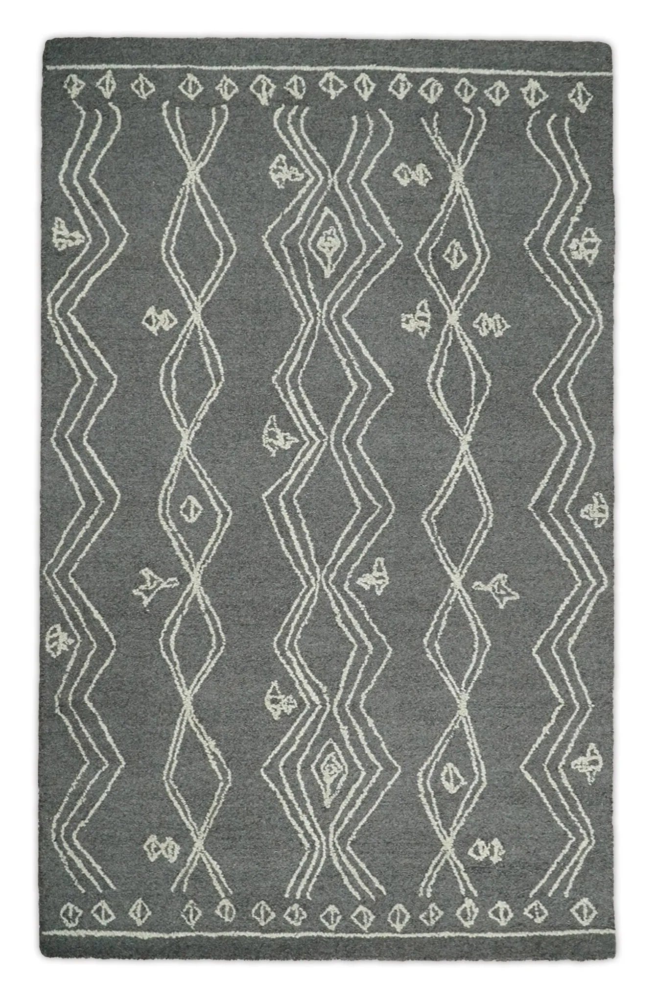 5x8 Gray and White Tribal Hand Hooked Textured Loop Area Rug | TRIB1