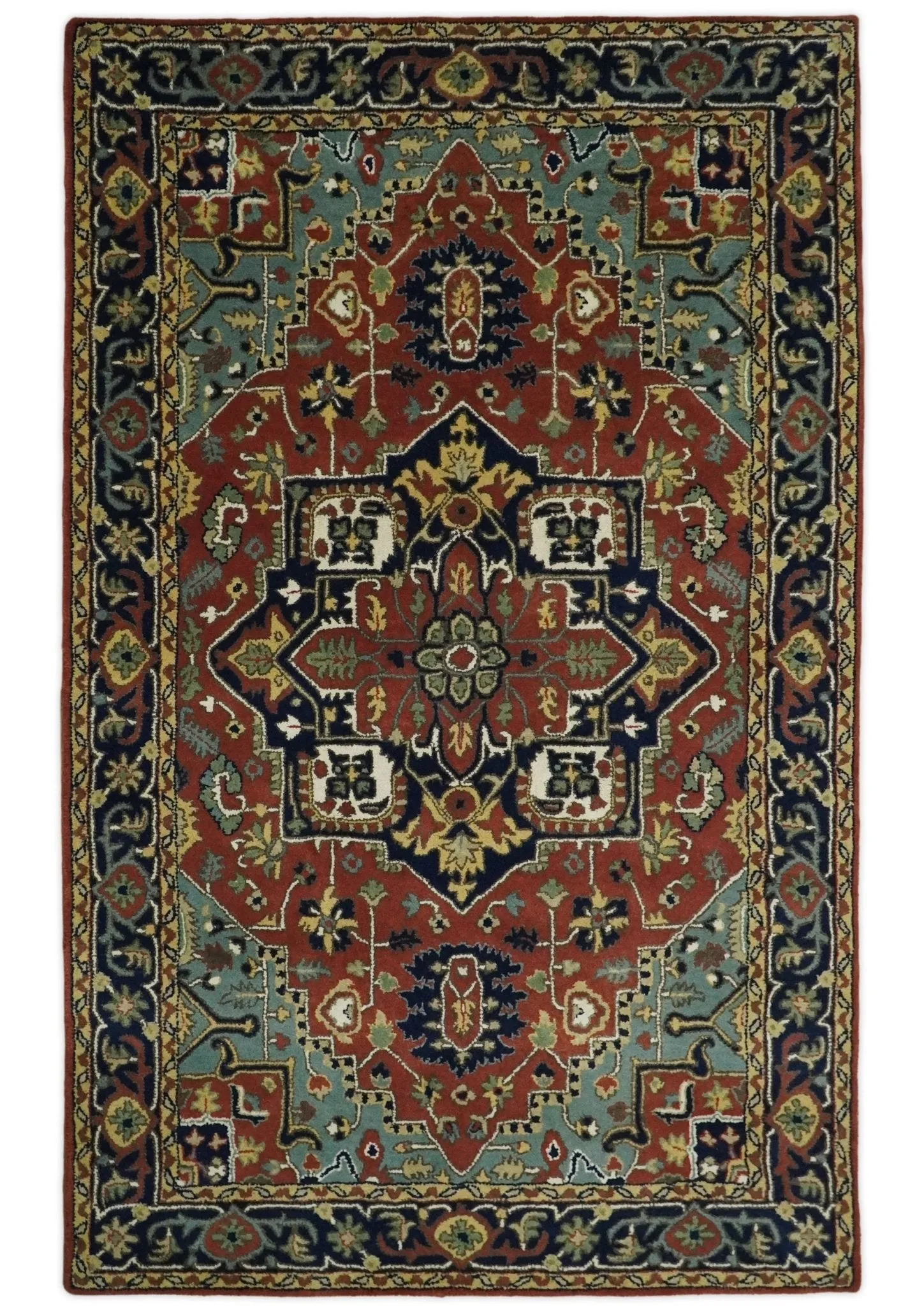 5x8 Handmade Rust and Blue made with fine wool Area Rug |  TRDCP11858