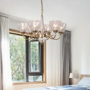 6-Head Brass Chandelier with Clear Glass Shades and Curved Metal Arm - Contemporary Ceiling Pendant Light