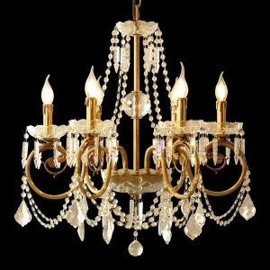 6 Lights Candle Style Small Brass and Crystal Chandelier for Bedroom