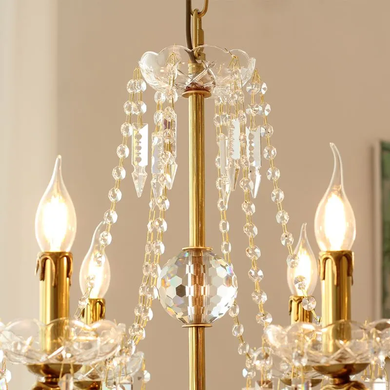 6 Lights Candle Style Small Brass and Crystal Chandelier for Bedroom