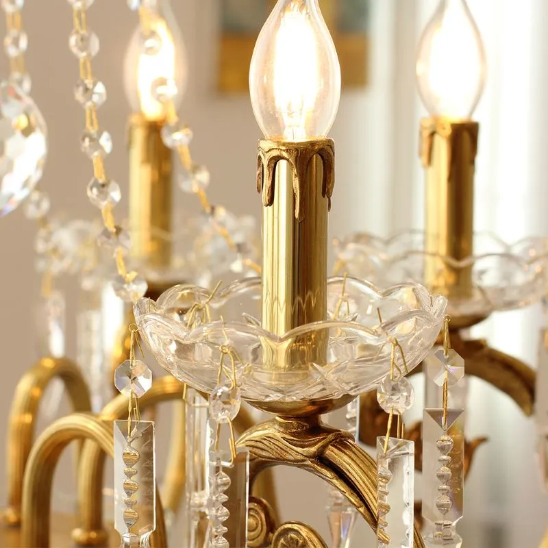 6 Lights Candle Style Small Brass and Crystal Chandelier for Bedroom