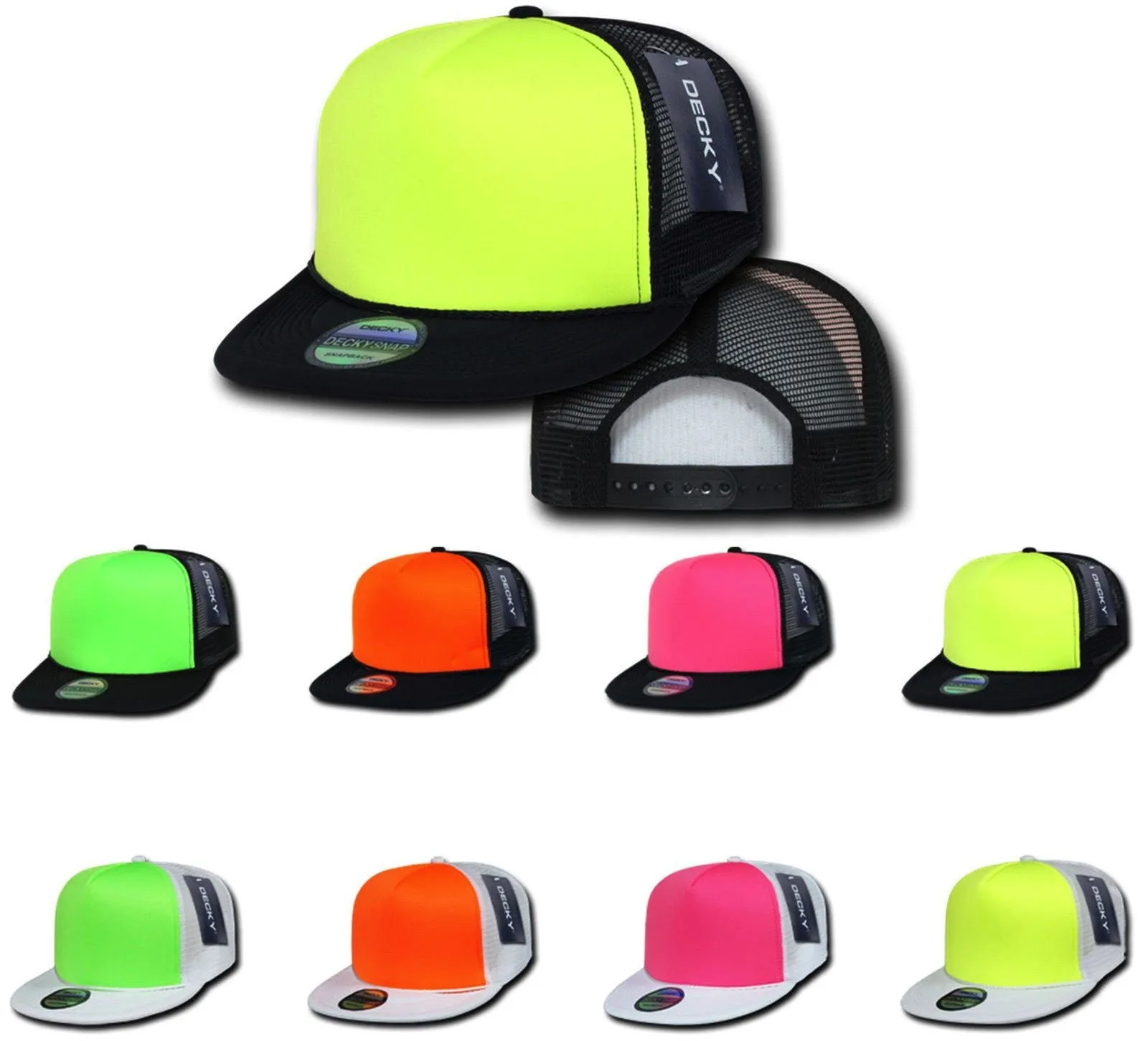 6 Lot New Foam Mesh Flat Bill Neon Trucker Hats Hat Cap Two Tone Wholesale Decky