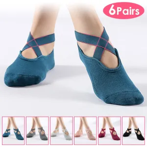 6 Packs Women Yoga Socks Non Slip Grips Straps Cotton Pilates Dance Gym 5-8.5