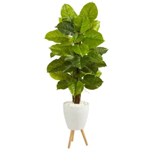 60” Large Leaf Philodendron Artificial Plant in White Planter with Stand (Real Touch)