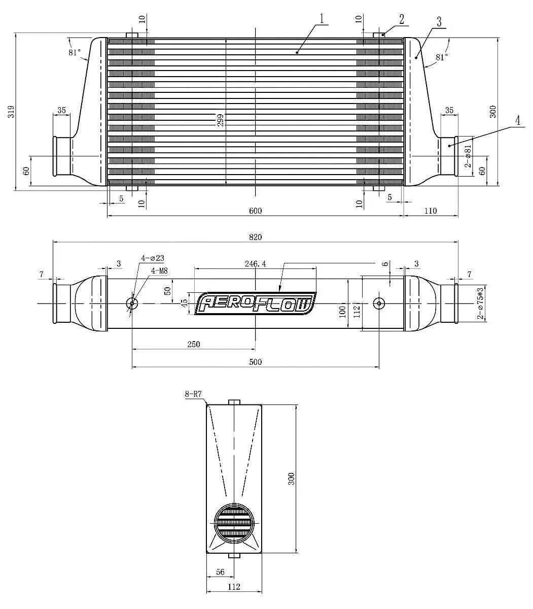 600x300x76mm Street Series Aluminium Intercooler, Black Finish AF90-1000BLK