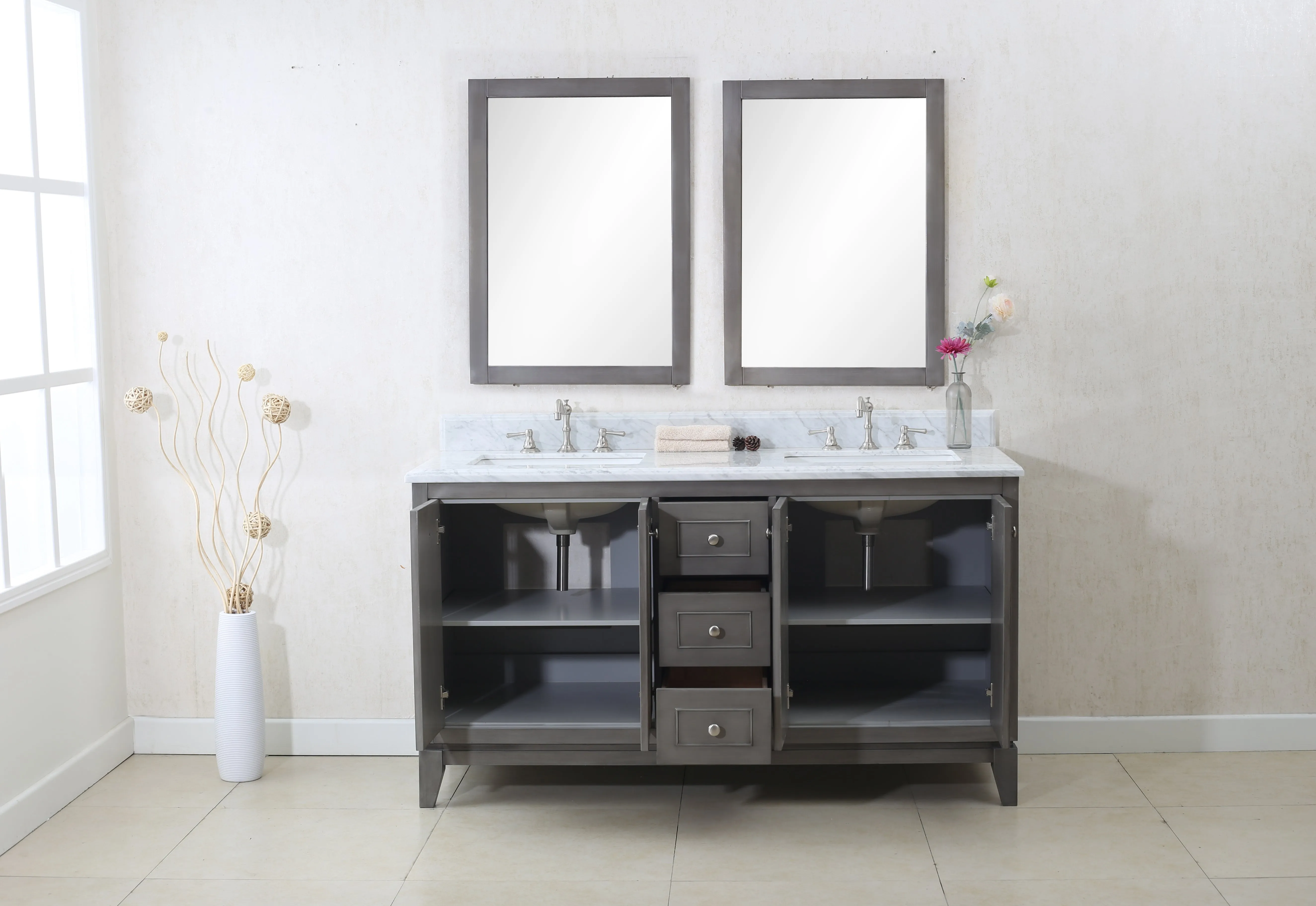 60" Nottingham Bath Vanity in Silver Gray with Carrara White Marble Top