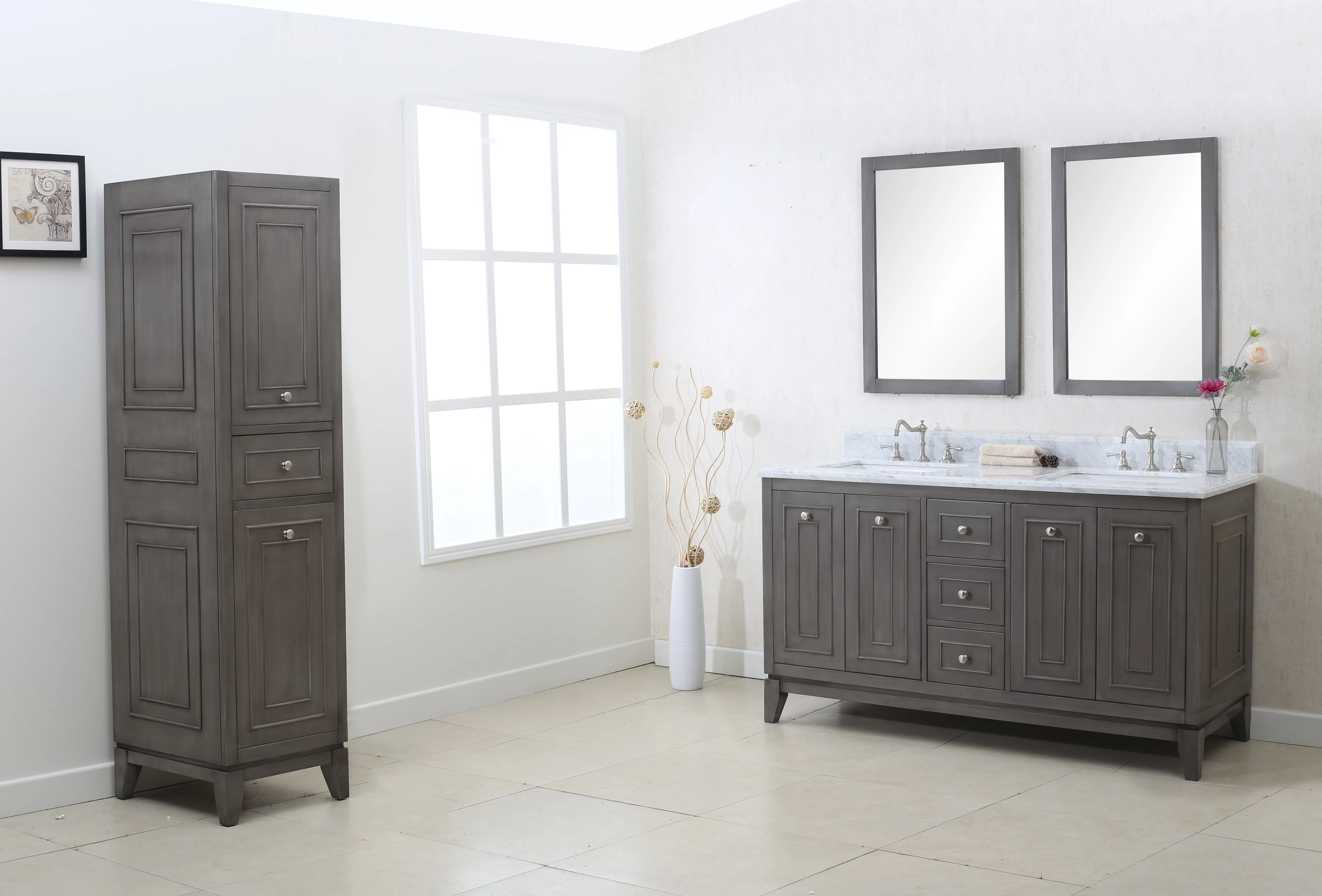 60" Nottingham Bath Vanity in Silver Gray with Carrara White Marble Top