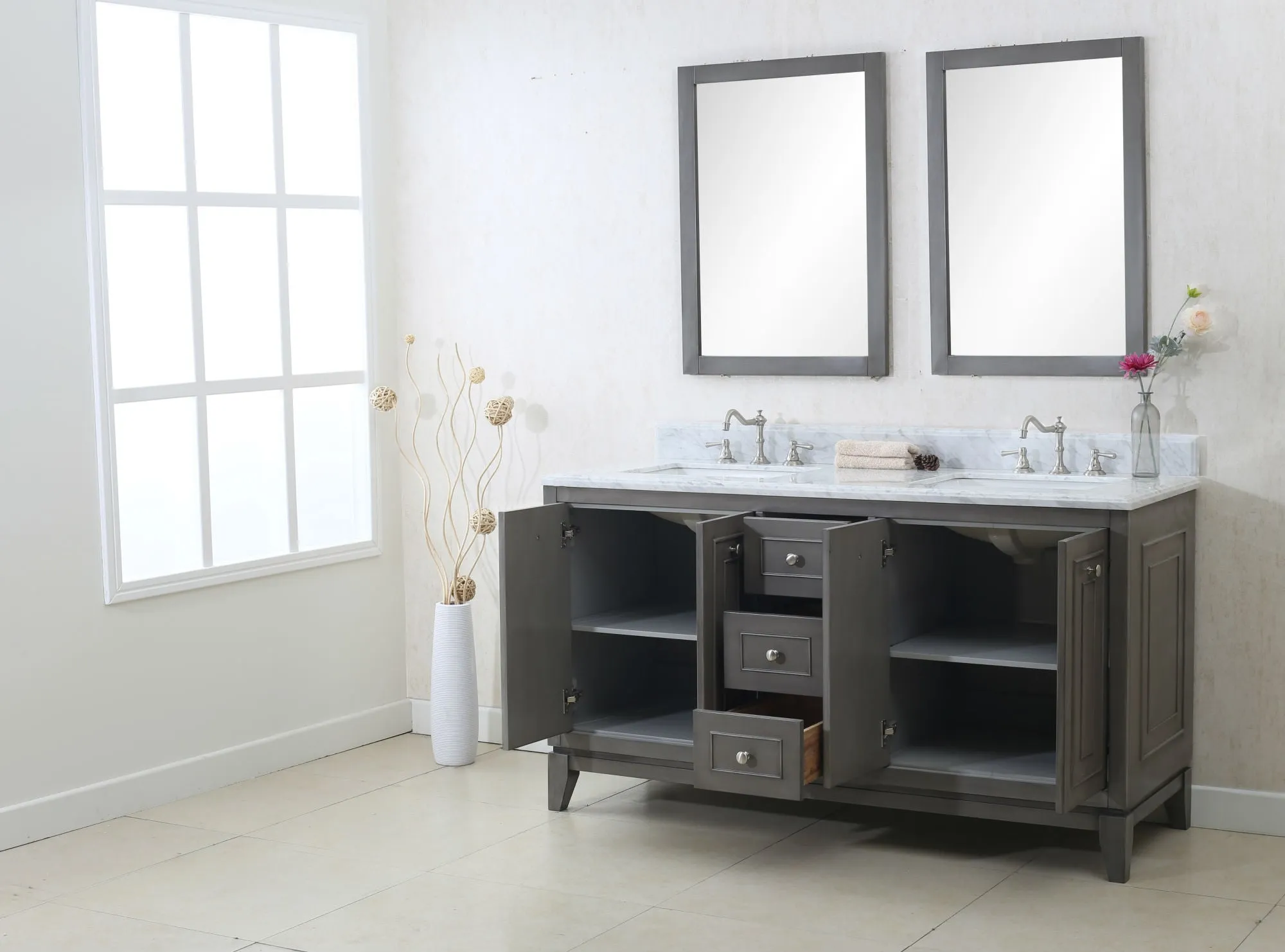 60" Nottingham Bath Vanity in Silver Gray with Carrara White Marble Top