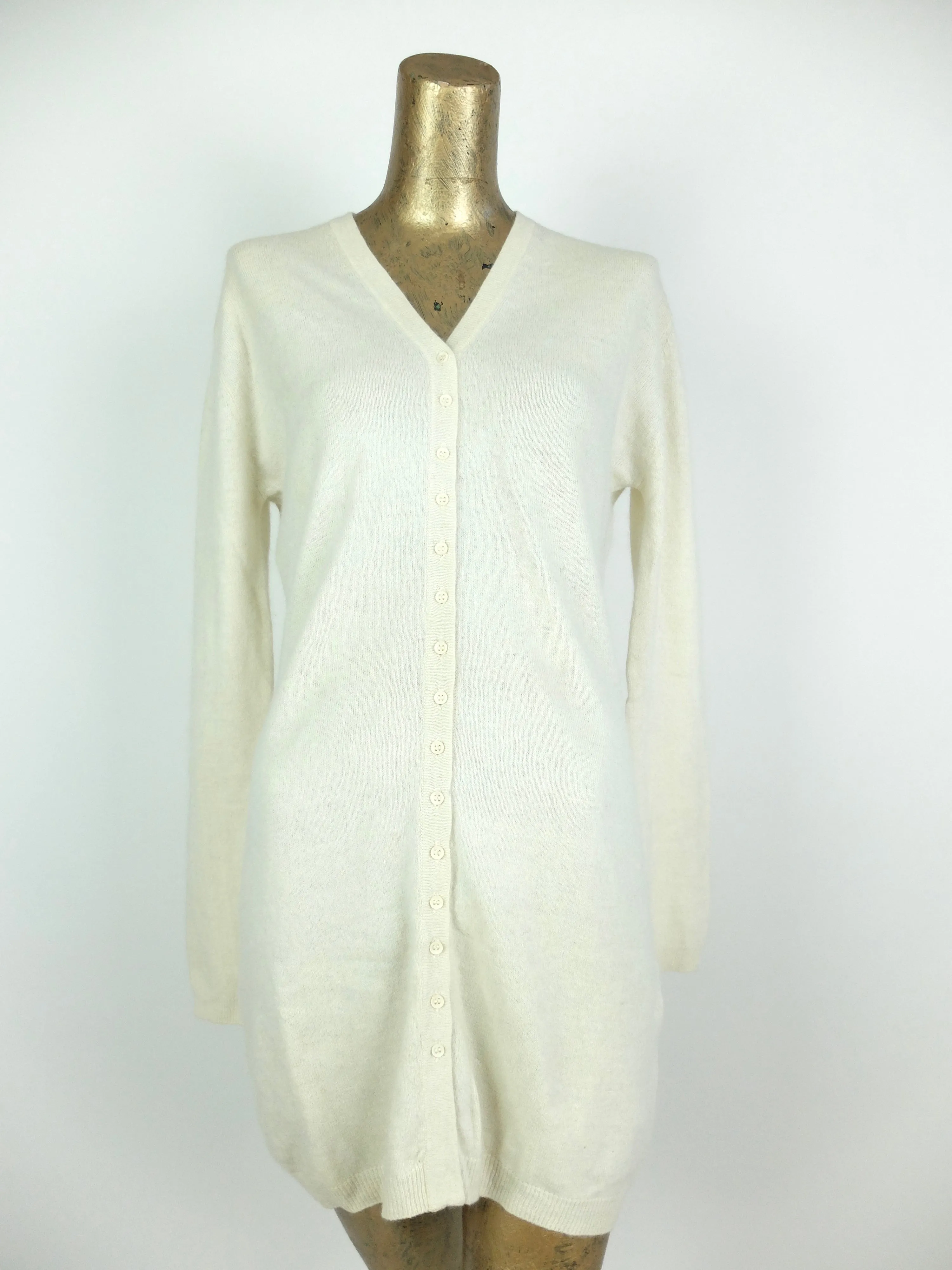 60s Mod Cream Angora Wool Knit Long Button Down Cardigan Sweater