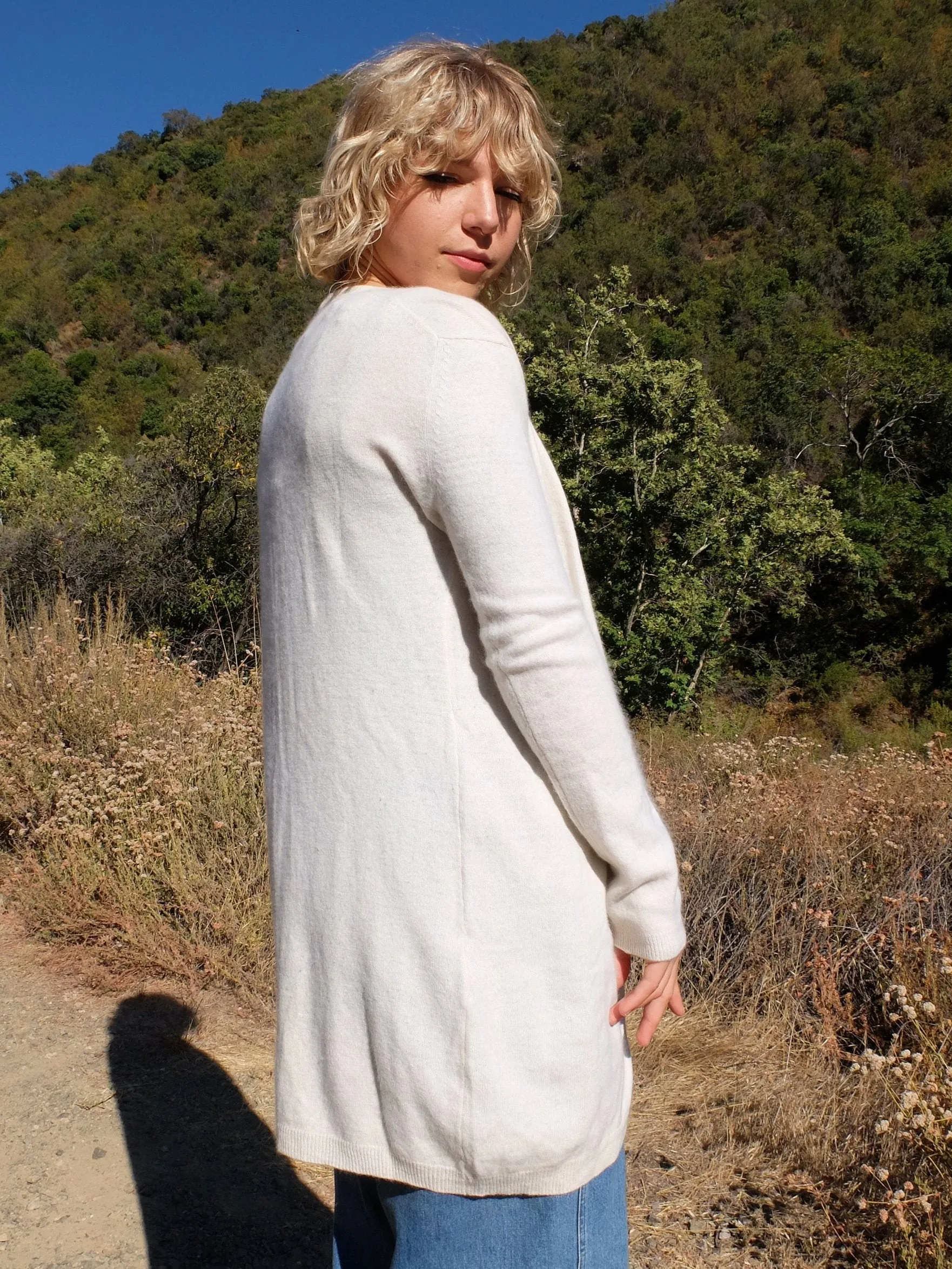 60s Mod Cream Angora Wool Knit Long Button Down Cardigan Sweater