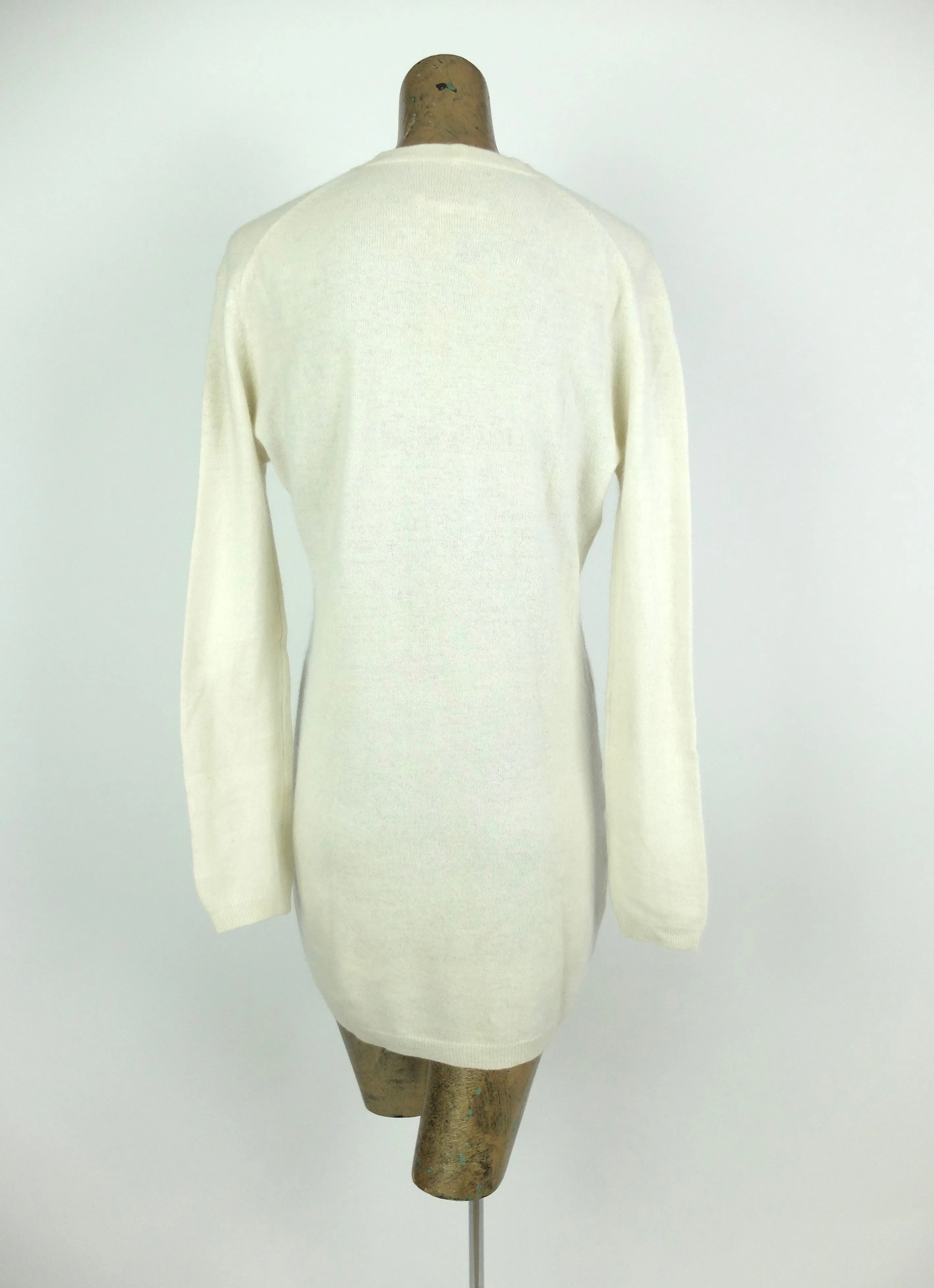 60s Mod Cream Angora Wool Knit Long Button Down Cardigan Sweater