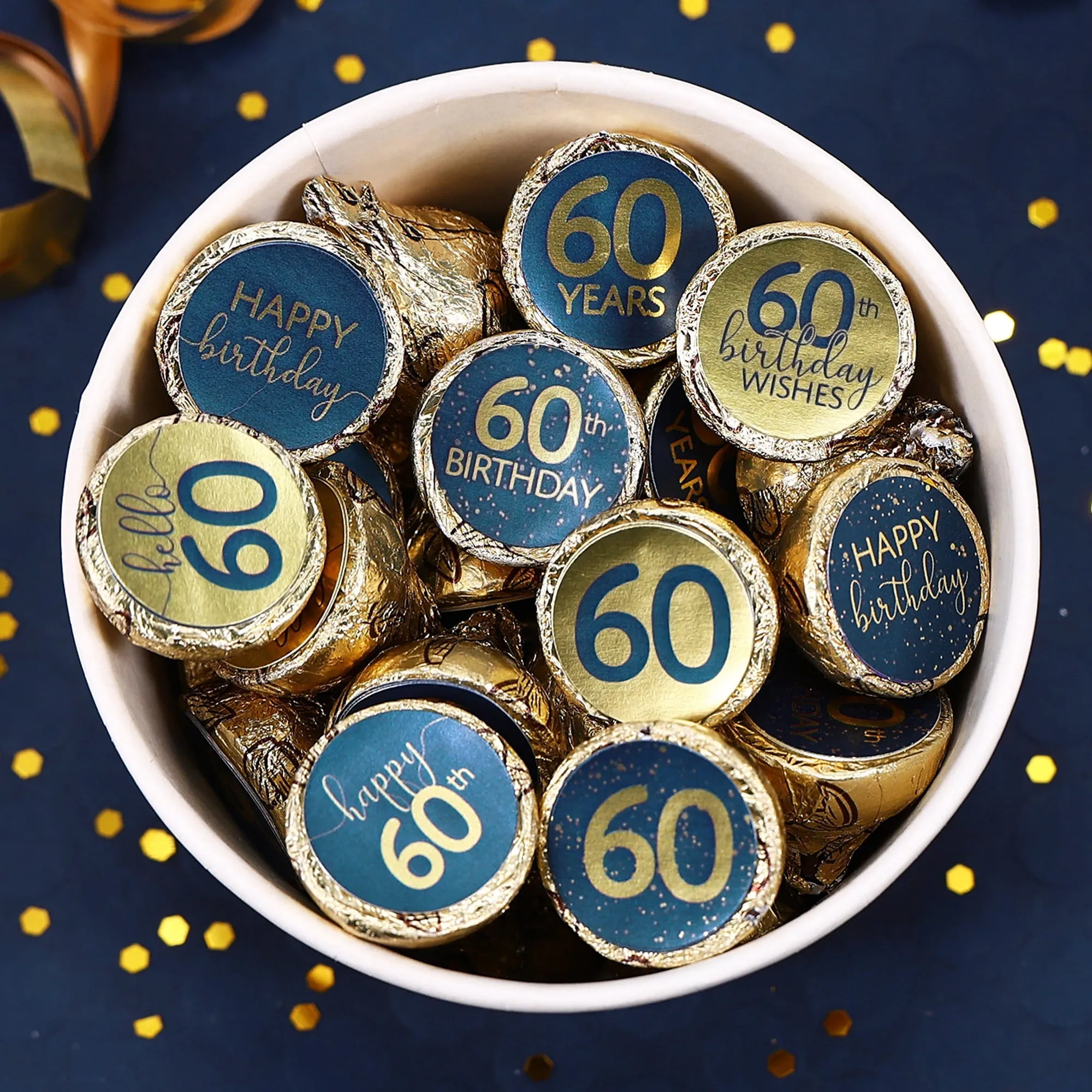 60th Birthday: Navy Blue & Gold - Adult Birthday -  Stickers - Fits Hershey's Kisses Candy