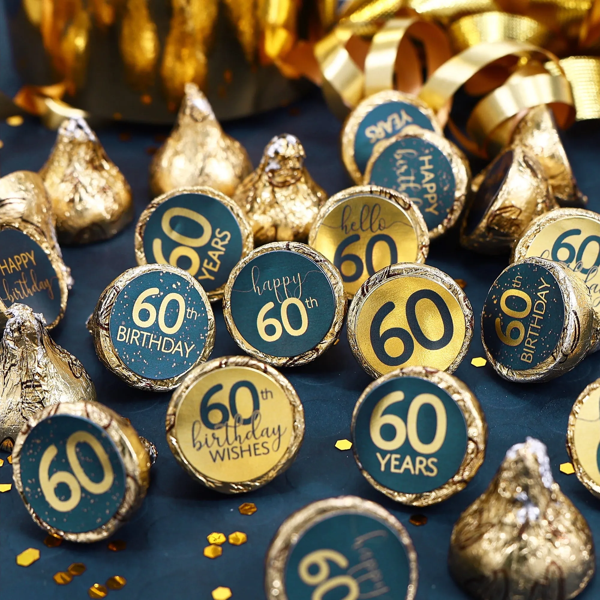 60th Birthday: Navy Blue & Gold - Adult Birthday -  Stickers - Fits Hershey's Kisses Candy