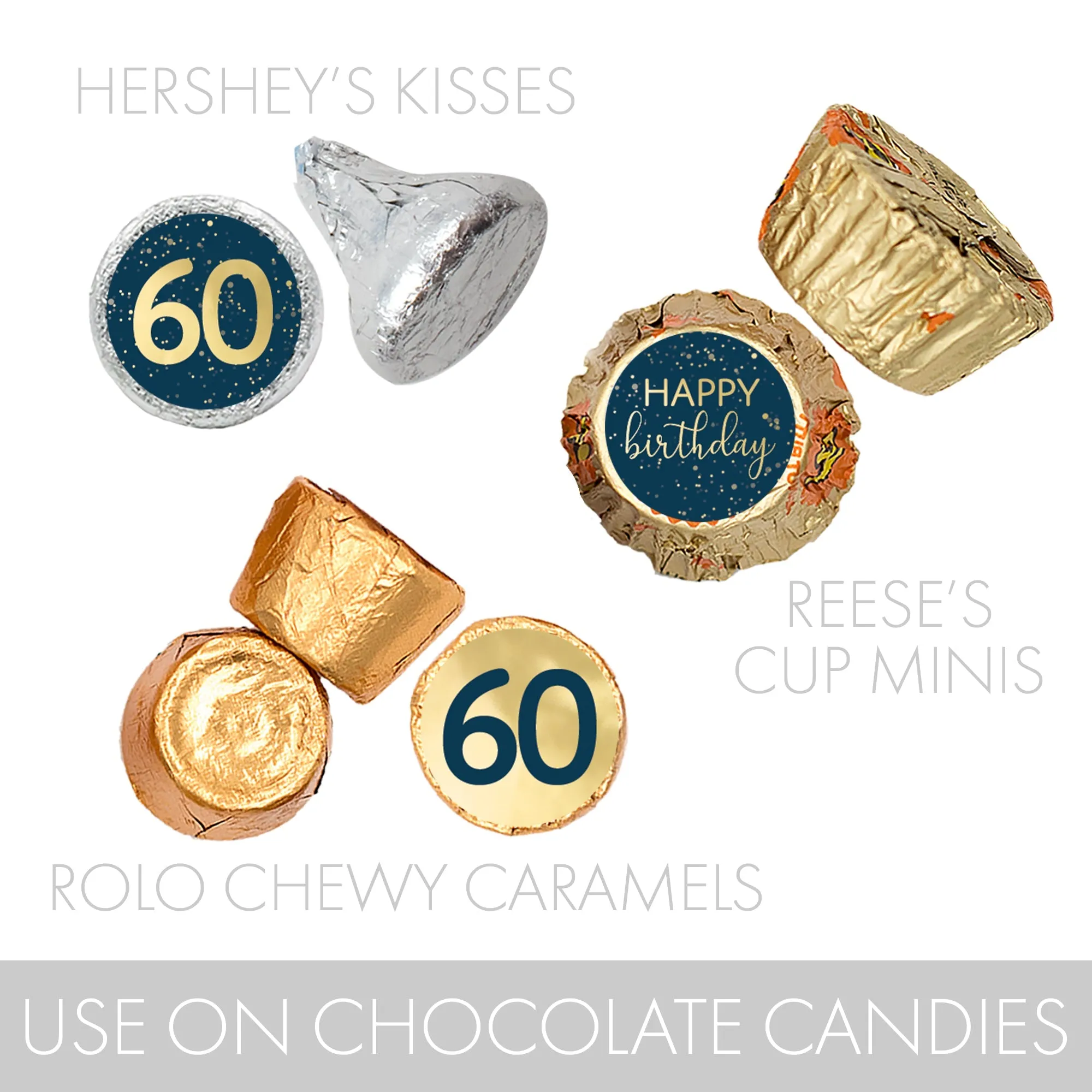 60th Birthday: Navy Blue & Gold - Adult Birthday -  Stickers - Fits Hershey's Kisses Candy