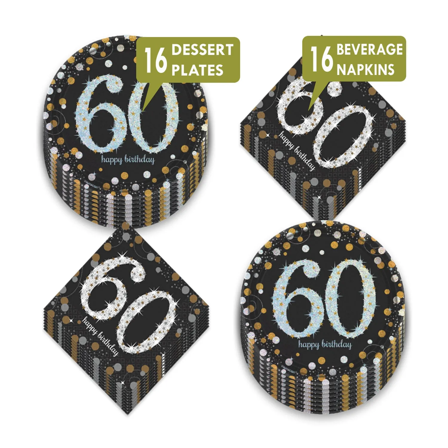 60th Birthday Party Supplies - Metallic Silver and Gold Dot Paper Dessert Plates and Beverage Napkins (Serves 16)