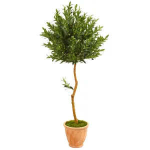 63" Artificial Olive Topiary Tree in Terra Cotta Planter UV Resistant (Indoor/Outdoor) - Low Maintenance, Life-Like & Vibrant Silk Trees For Busy People.