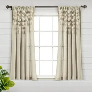 63"x52" Boho Pom Pom Tassel Linen Window Curtain Panel Beige - Lush Décor