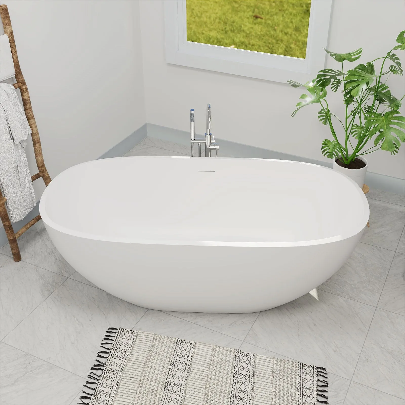 65" Modern Oval Tub Solid Surface Stone Resin Freestanding Soaking Bathtub with Tub Tray